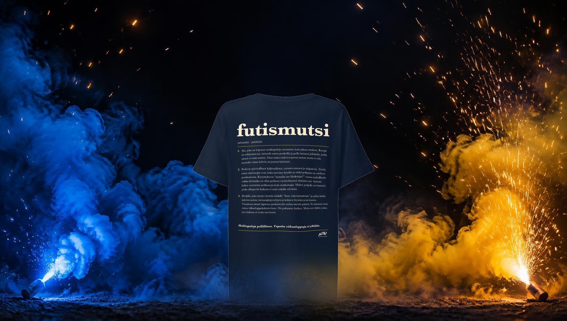 Futismutsi-t-paidan selkäpuoli sinikeltaisessa savussa